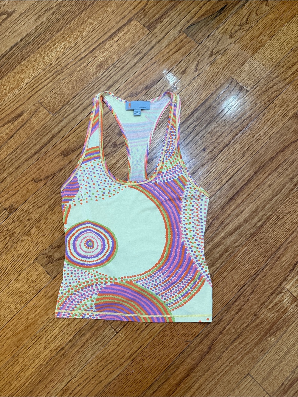 Missoni Vintage Yellow Racerback Tank with Pink, Orange & Purple Circular Print